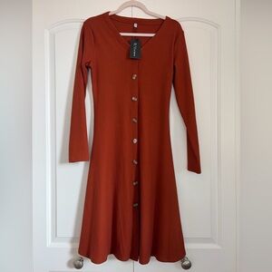 Women's Ribbed Button Front Midi Dress Size M Rust Brown Long Sleeve Stretch